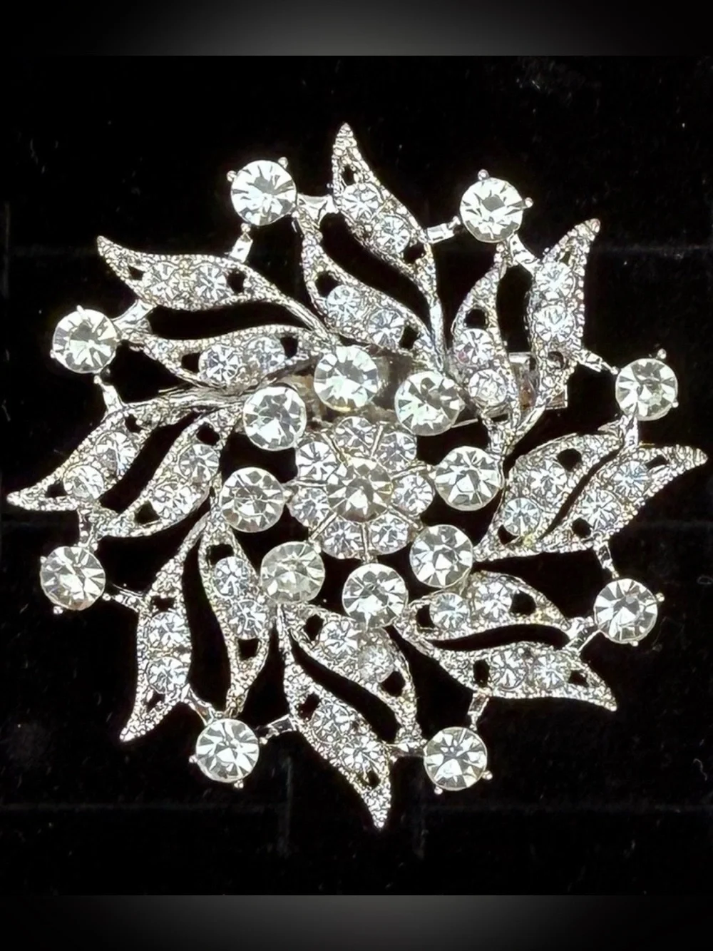 Elegant Silvertone Crystal Flower Brooch